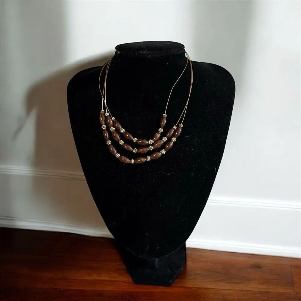 Vintage Y2K Invisible Bead Beaded Layered Brown Bib Necklace Choker
